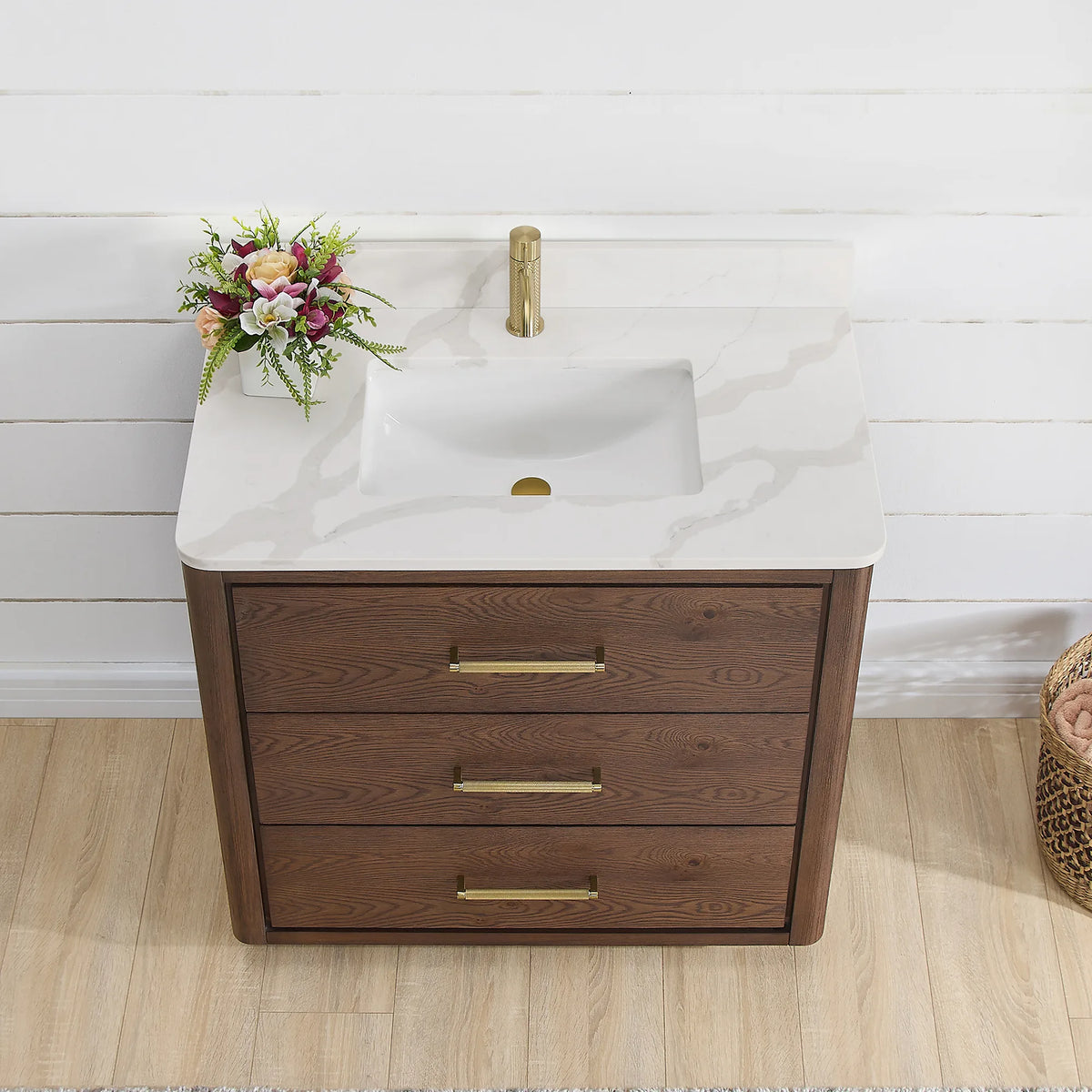 Countertop close-up on a 36 inch Aged Dark Brown Oak single vanity, with the white quartz top and undermount sink