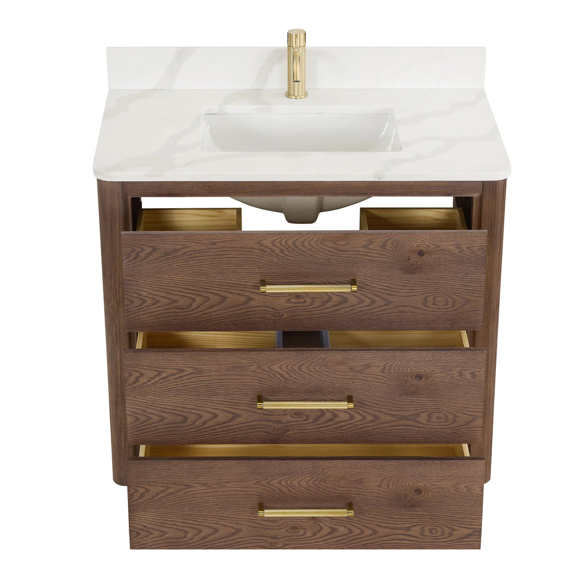 Open drawers on an Aged Dark Brown Oak single bathroom vanity, front view