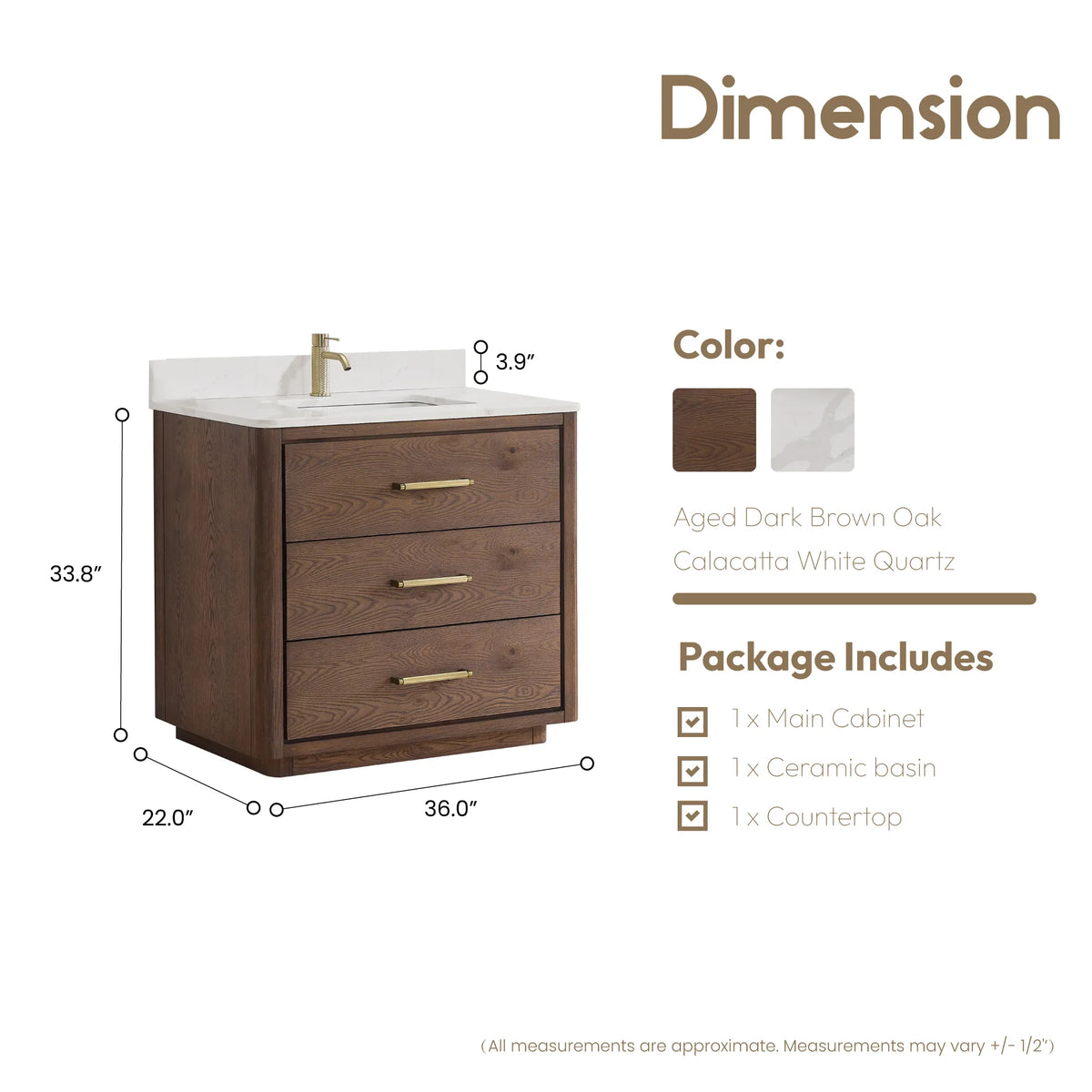 Front and side measurements for the 36 inch single vanity, depth 22 inches, height 34 inches