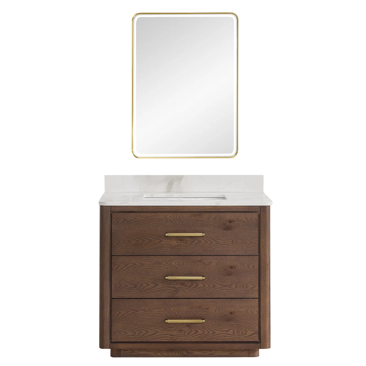 With Mirror option: Aged Dark Brown Oak single vanity, 36 inches wide, paired with an LED mirror