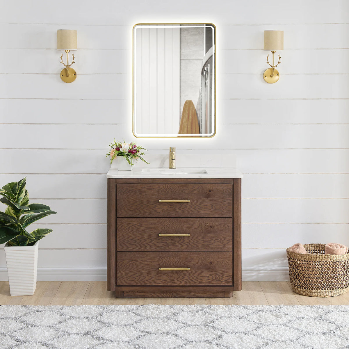 Room scene: Aged Dark Brown Oak single vanity, an LED mirror lit above it and sconces at the sides