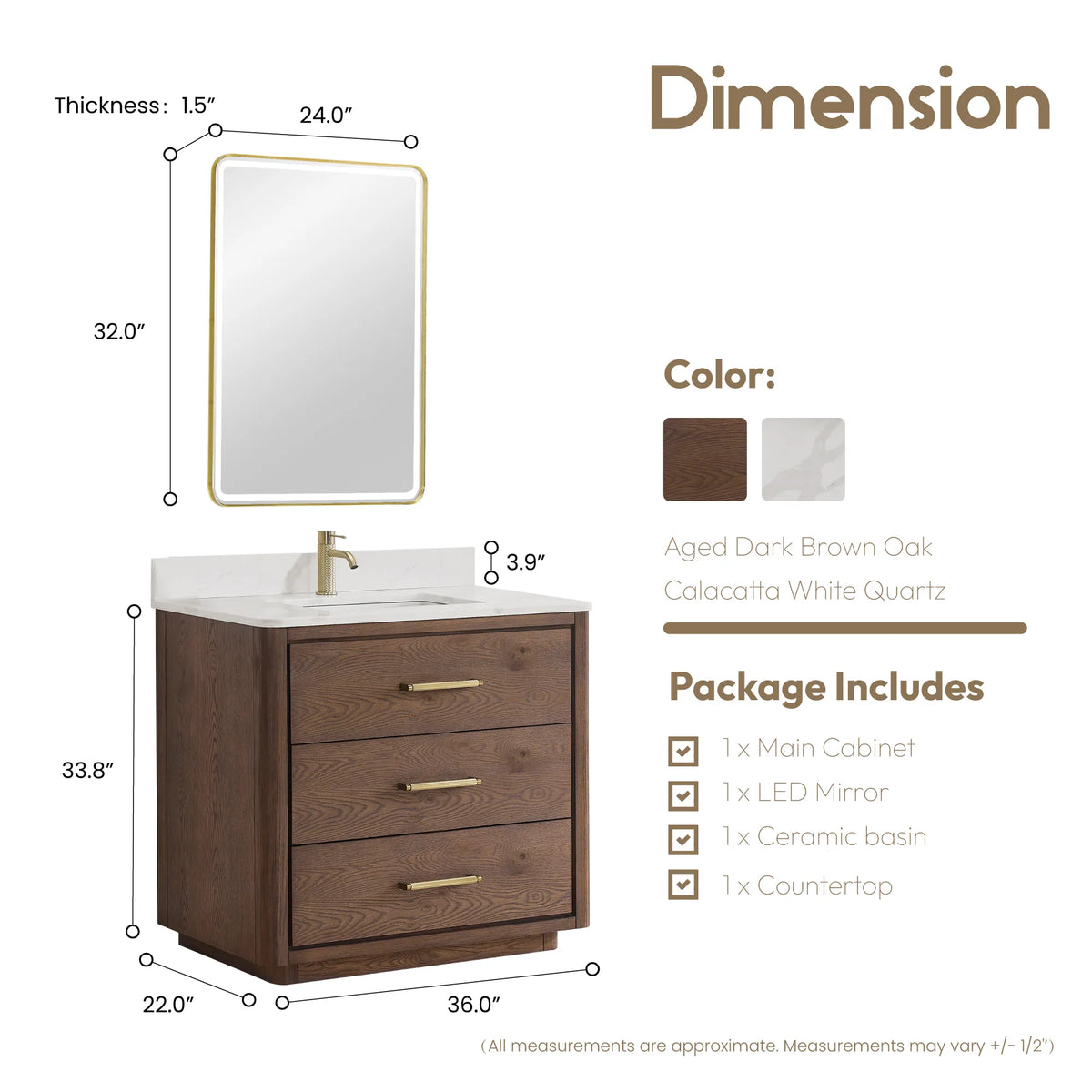 Drawing with sizes for the 36 inch vanity and an LED mirror, cabinet depth 22 inches