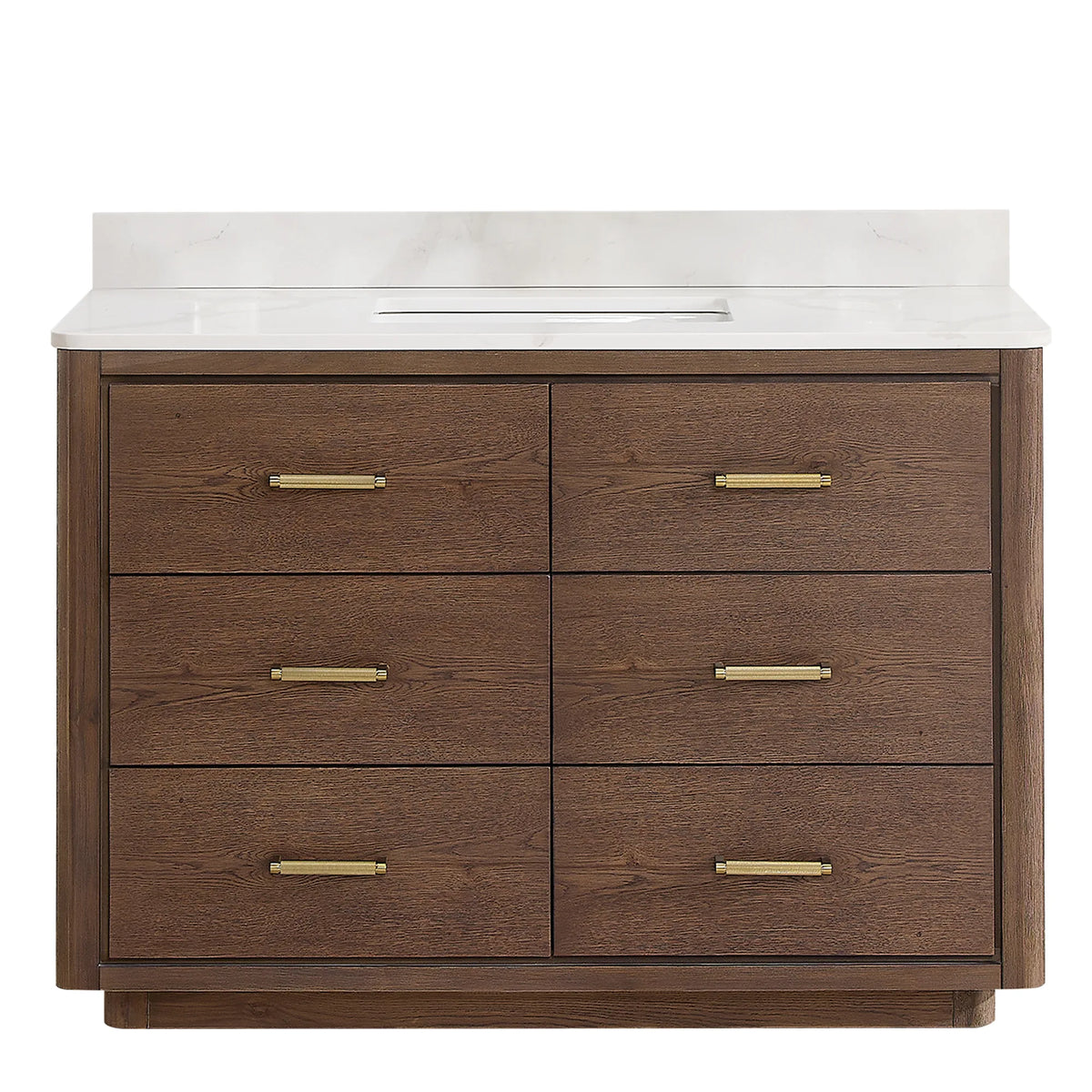 Aged Dark Brown Oak single bathroom vanity, 48 inches wide, with six soft-close drawers and a quartz top