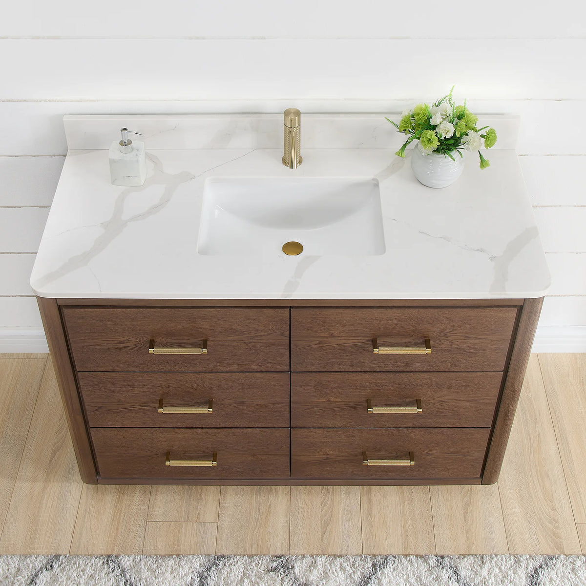 Close-up from above of the 48 inch single vanity: quartz top, undermount ceramic sink, Aged Dark Brown Oak drawers