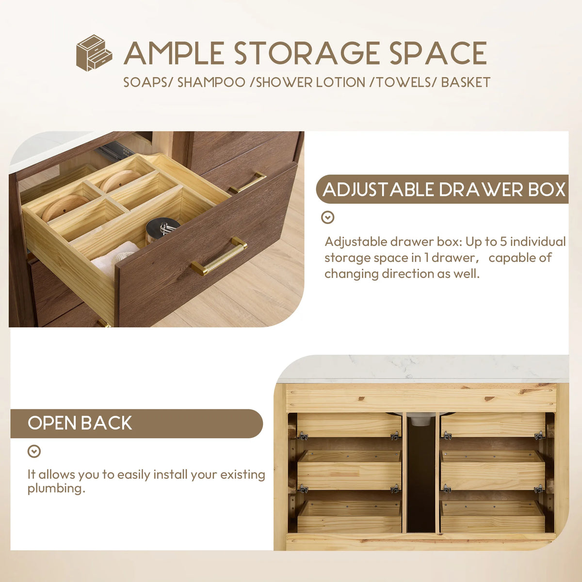 Storage callout: adjustable drawer box dividers and open back design
