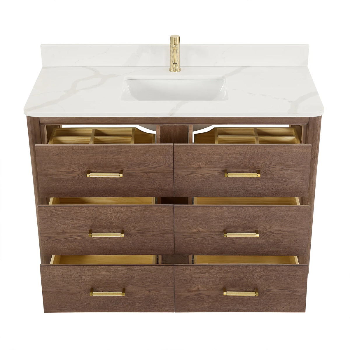 48 inch single vanity in Aged Dark Brown Oak on white with the drawers open