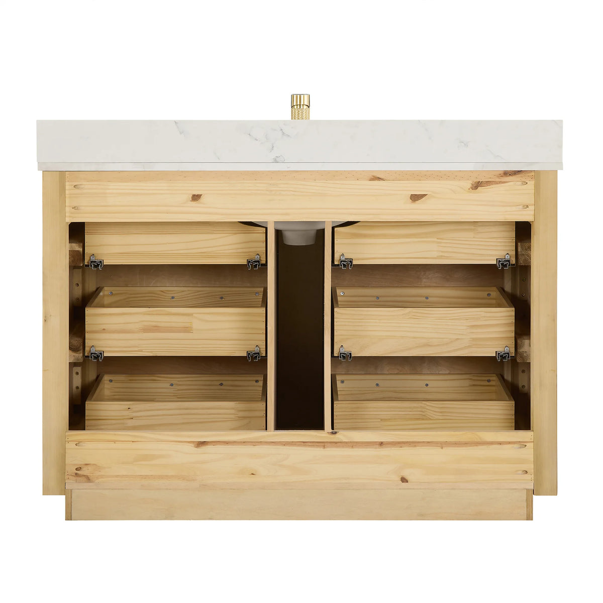 Open back design on the 48 inch single vanity, shown with the drawers taken out