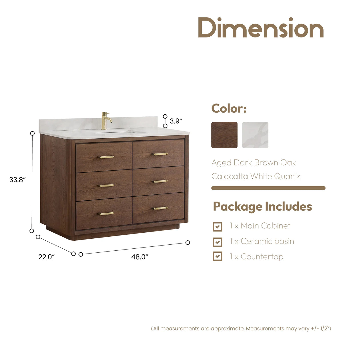 Measurements drawing, 48 x 22 x 34 inches (W x D x H), single vanity