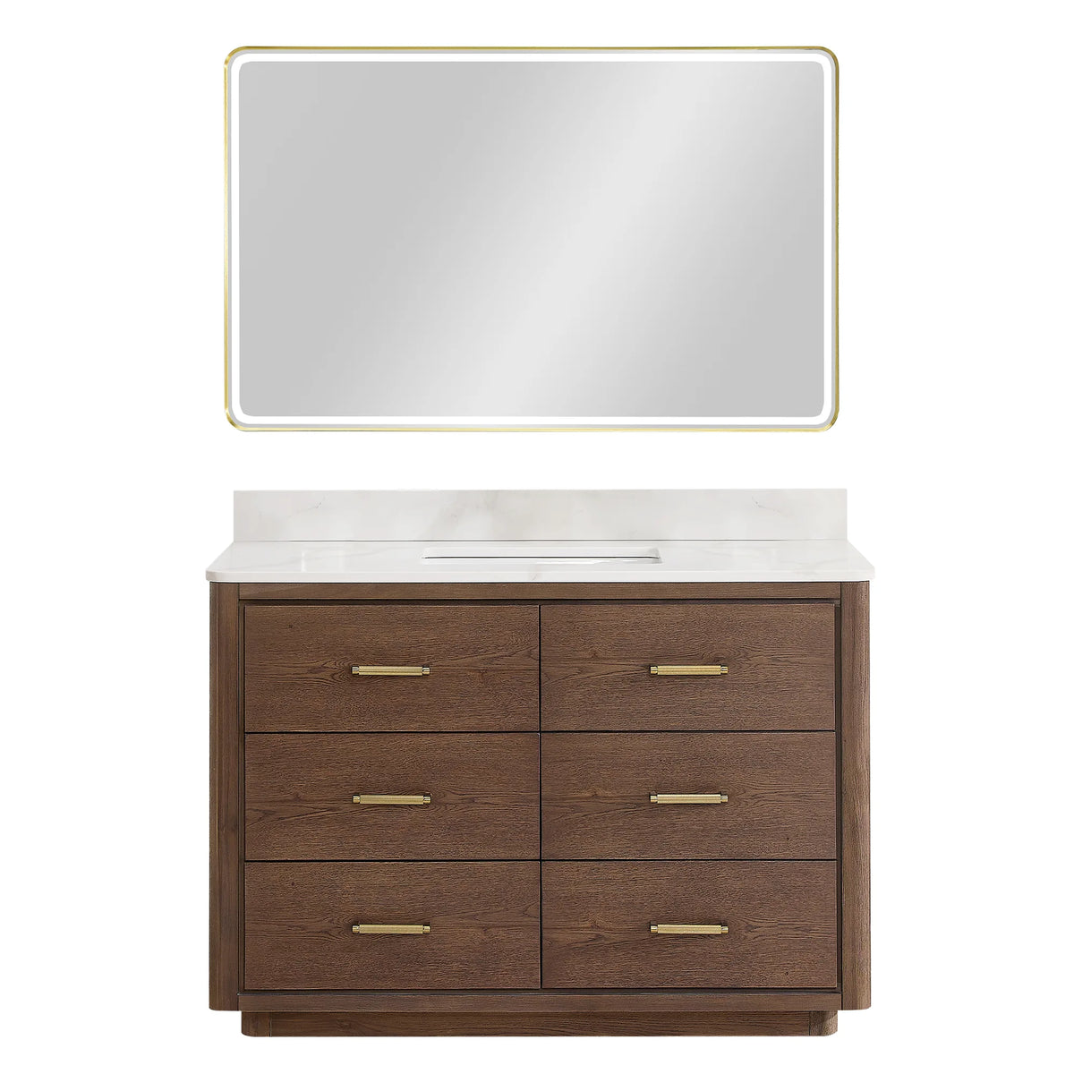 An LED mirror above the 48 inch single vanity in Aged Dark Brown Oak, front view on white