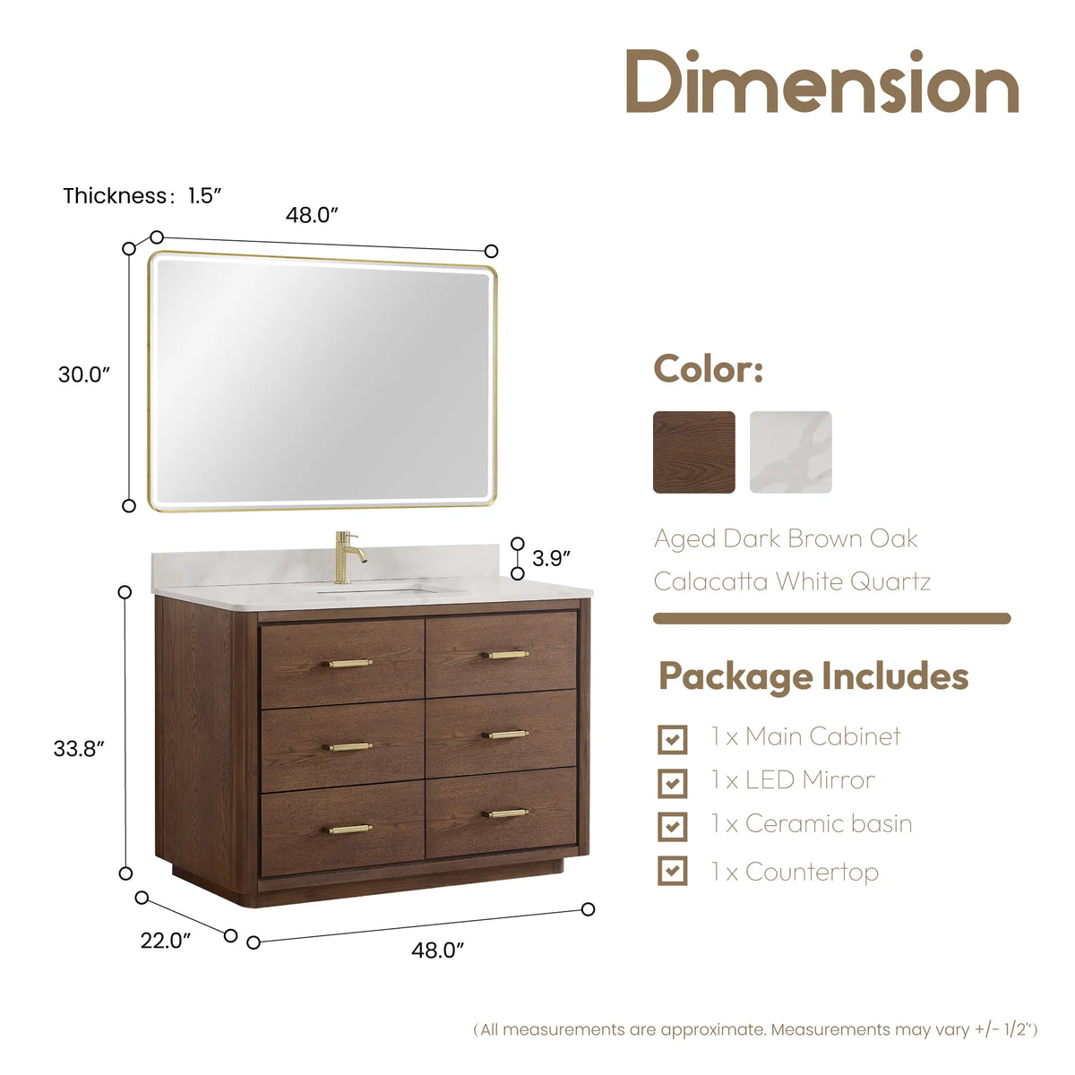 Measured drawing: 48 inch single vanity with an LED mirror above, 34 inches high