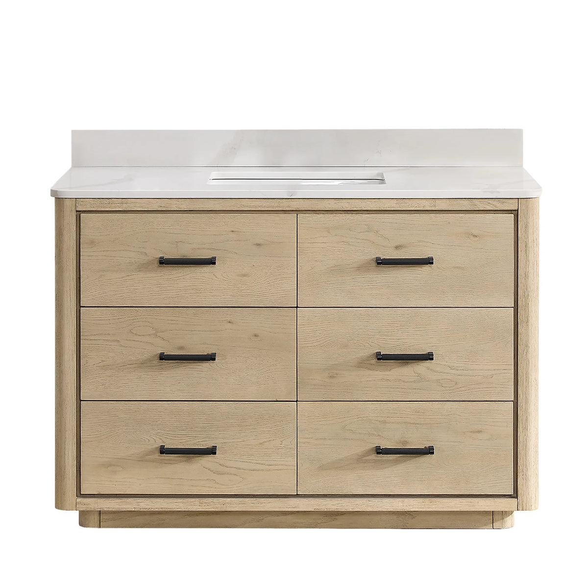 Aged Natural Oak single bathroom vanity, 48 inches wide, with six soft-close drawers and a quartz top
