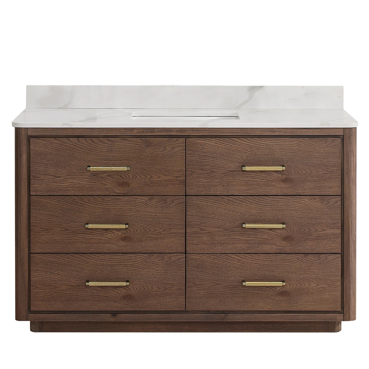Freestanding single bathroom vanity, 55 inches wide, finished in Aged Dark Brown Oak with six drawers