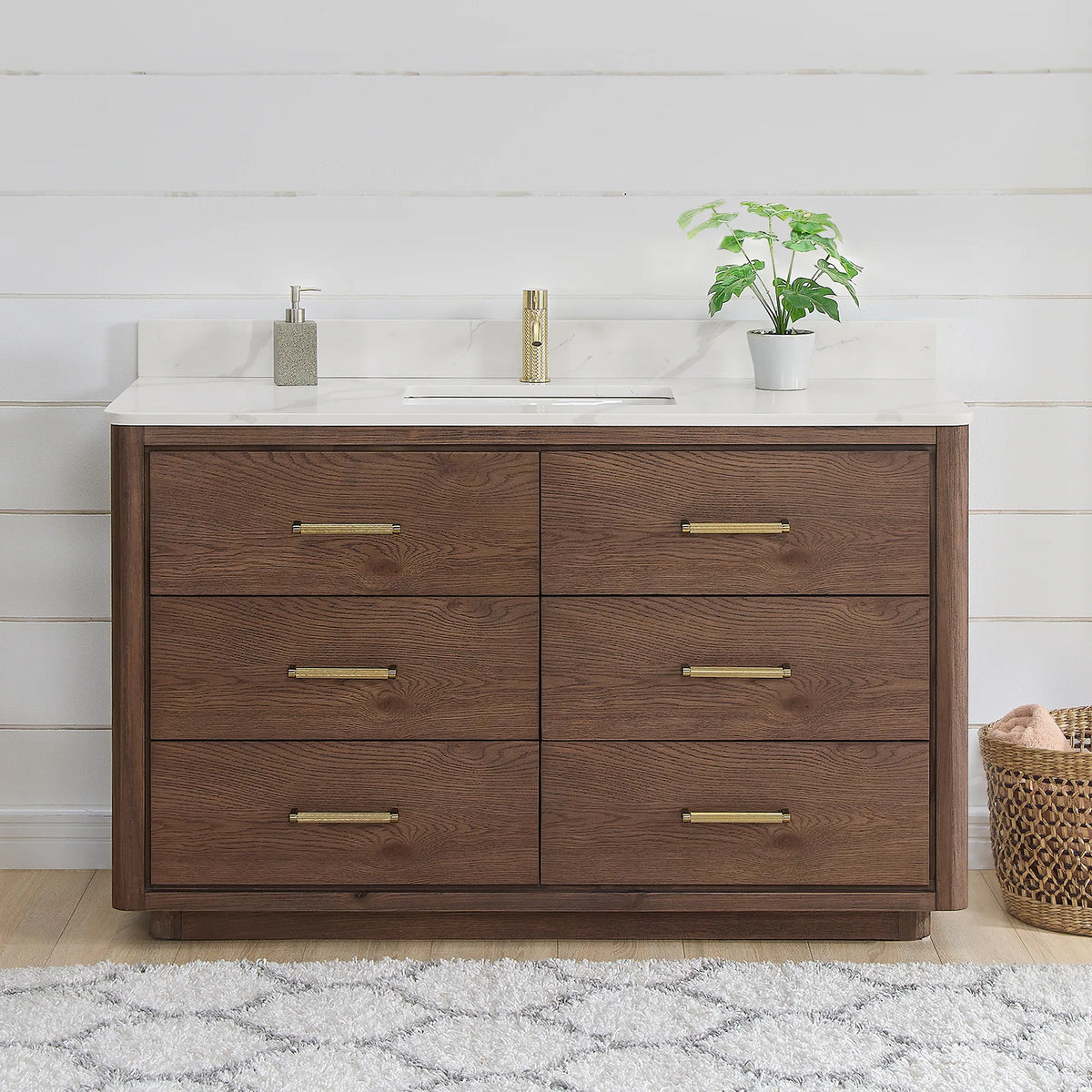 Aged Dark Brown Oak single vanity, 55 inch, staged in a bright bathroom with a shiplap wall and a patterned rug
