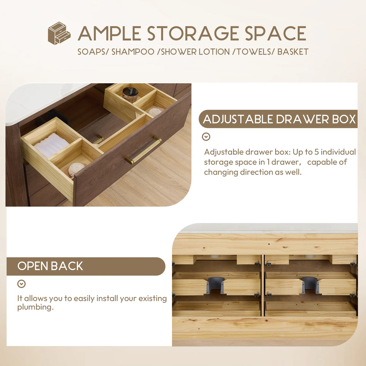 Storage callout: adjustable drawer box dividers and open back design, 60 inch width