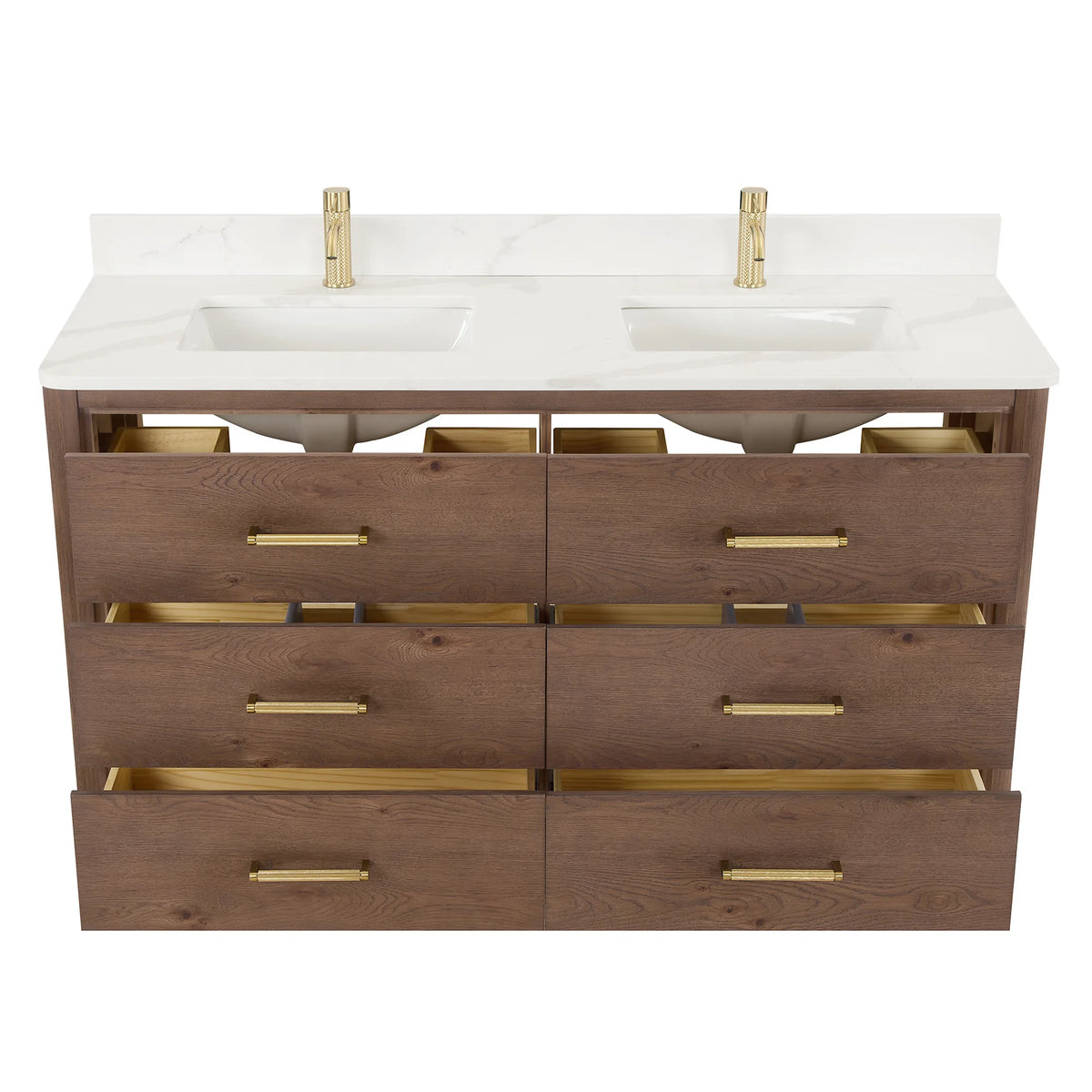 60 inch double vanity in Aged Dark Brown Oak on white with the drawers open