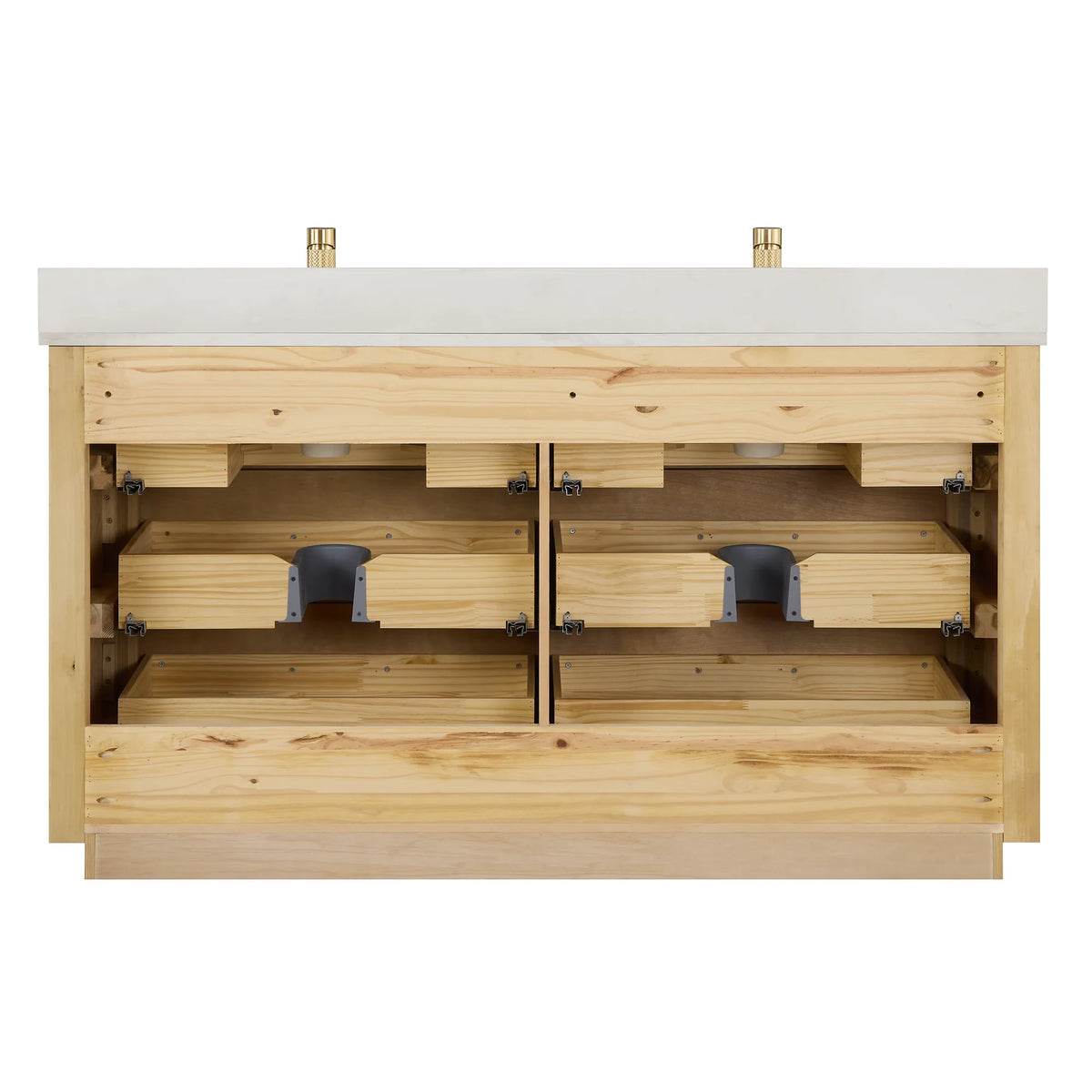 Open back design on the 60 inch double vanity, shown with the drawers taken out