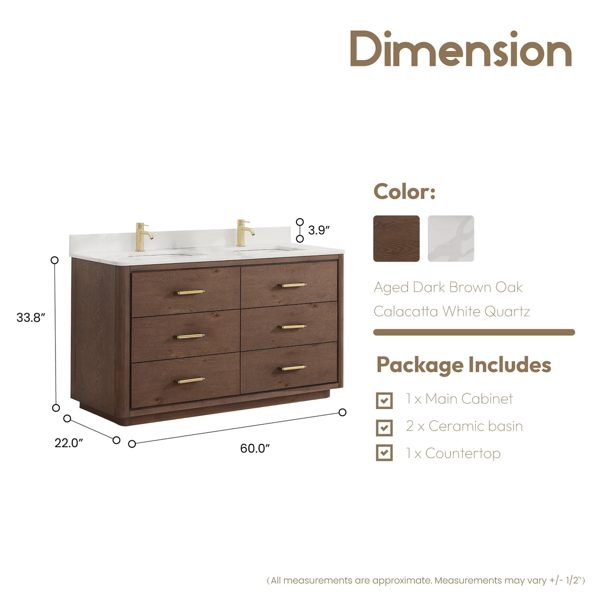 Measurements drawing, 60 x 22 x 34 inches (W x D x H), double vanity