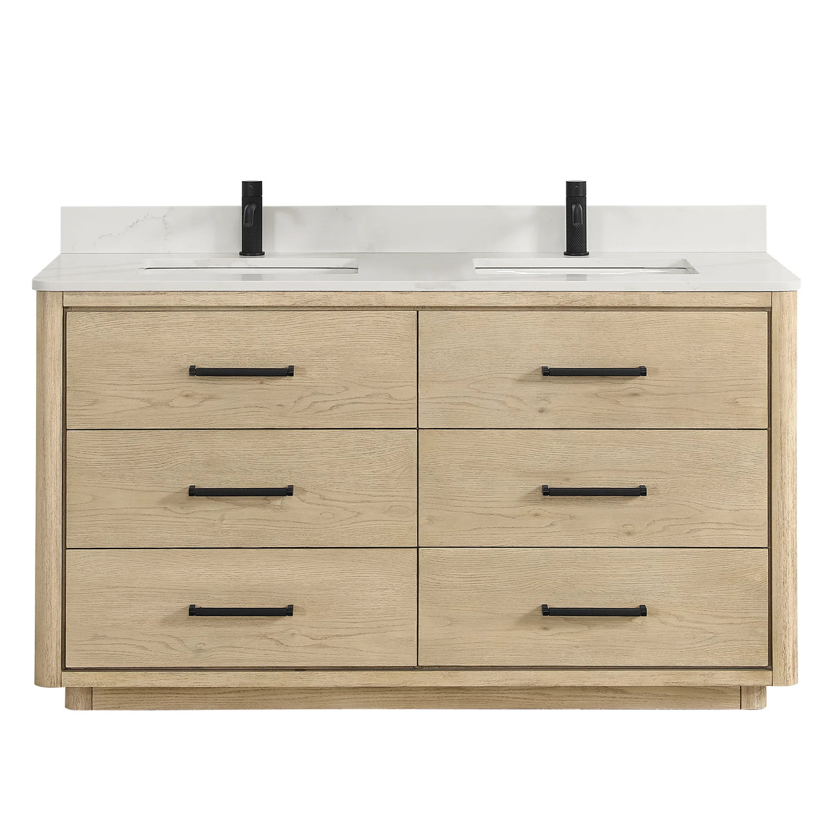 Front view on white, faucet pictured but not part of the 60 inch Aged Natural Oak double vanity