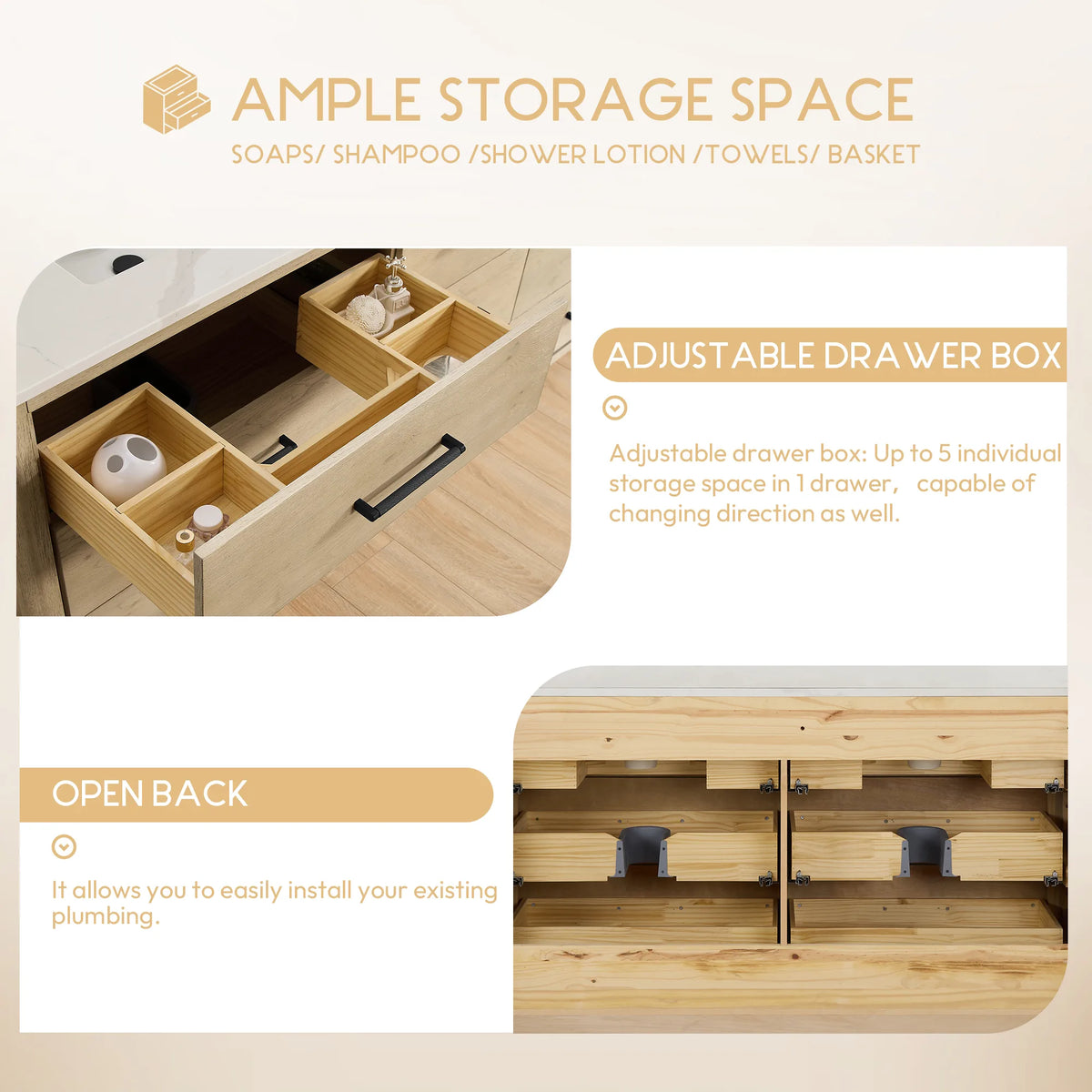 Storage callout for the 60 inch Aged Natural Oak vanity: adjustable drawer box dividers and open back design