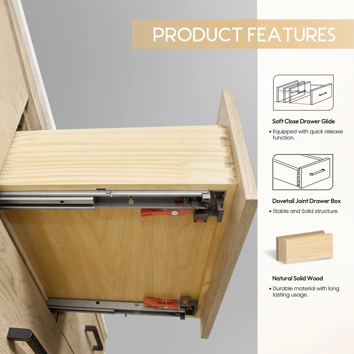 Features callout: soft-close drawer glide and dovetail drawer box in solid wood, 60 inch width, double version