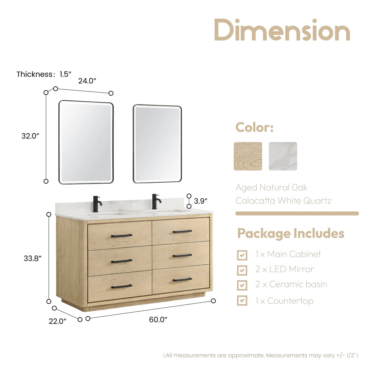 Measured drawing: 60 inch Aged Natural Oak double vanity with two LED mirrors above, 34 inches high