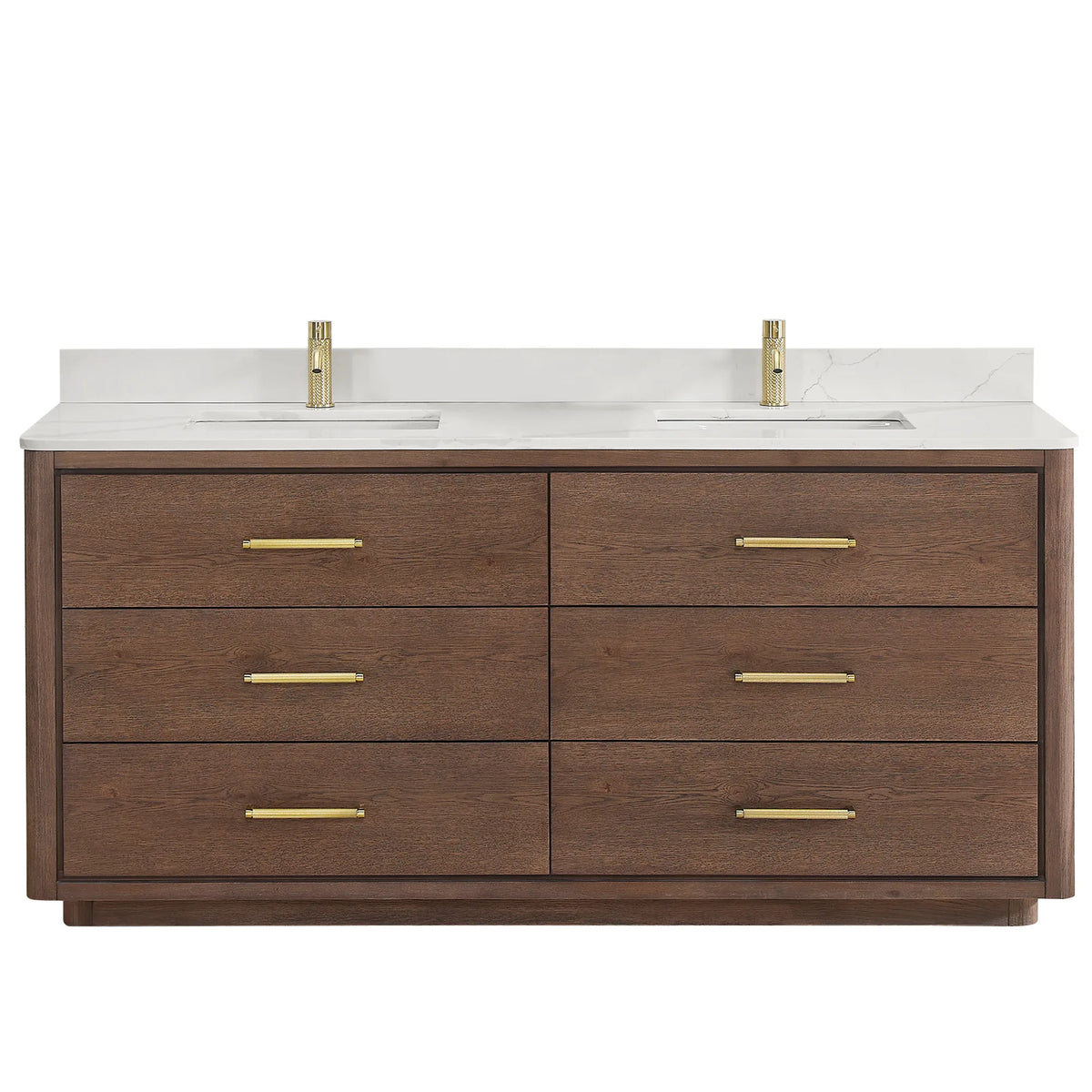 Pictured with a faucet, which is not included: Aged Dark Brown Oak double bath vanity