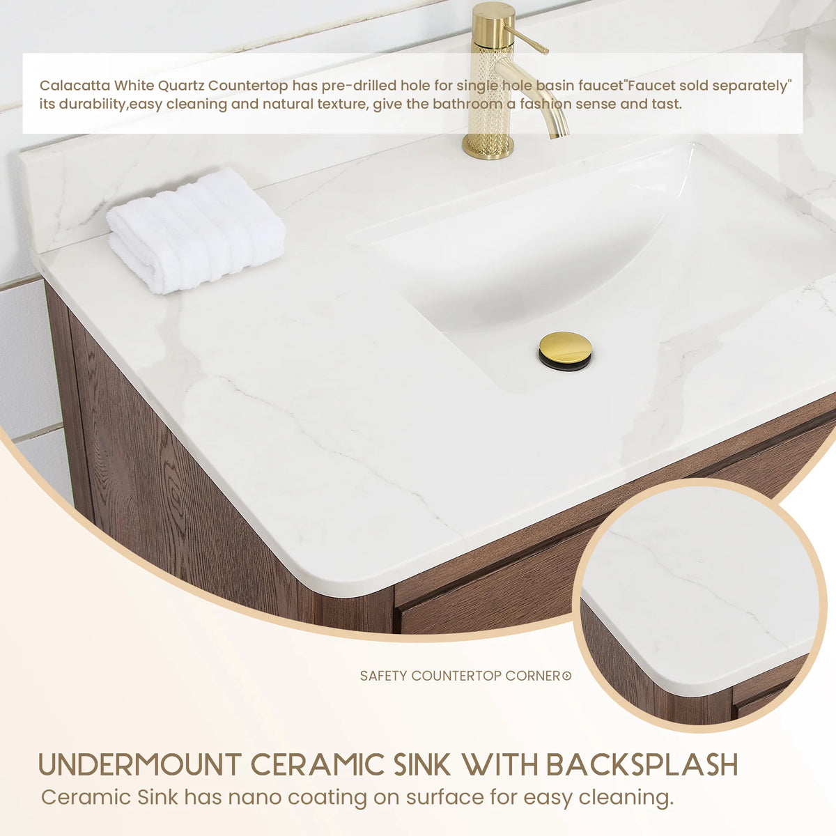 Rounded top corner and undermount sink on a white quartz vanity top, 72 inch width