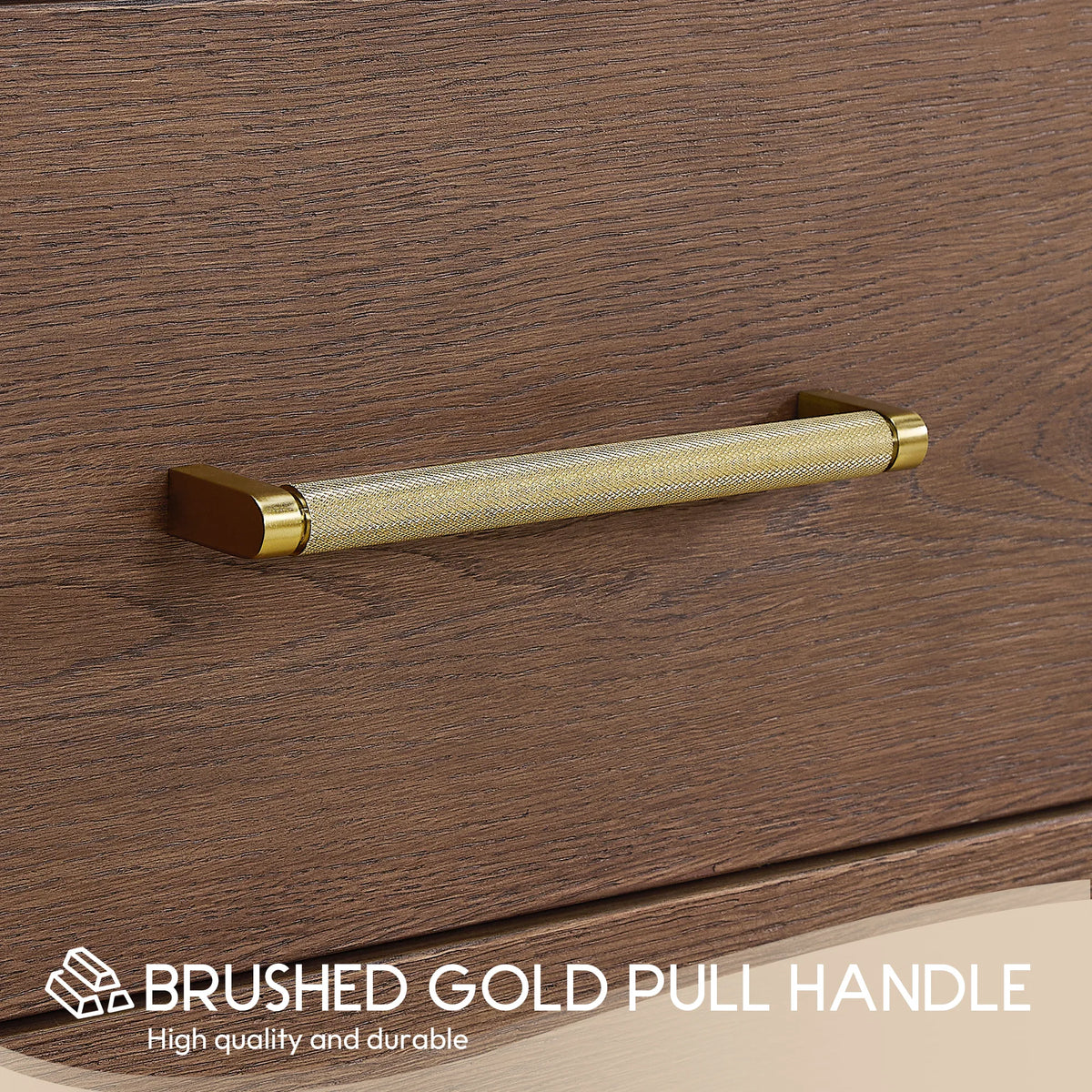 Pull handle with a knurled grip, brushed gold finish, on wood in Aged Dark Brown Oak, 72 inch width