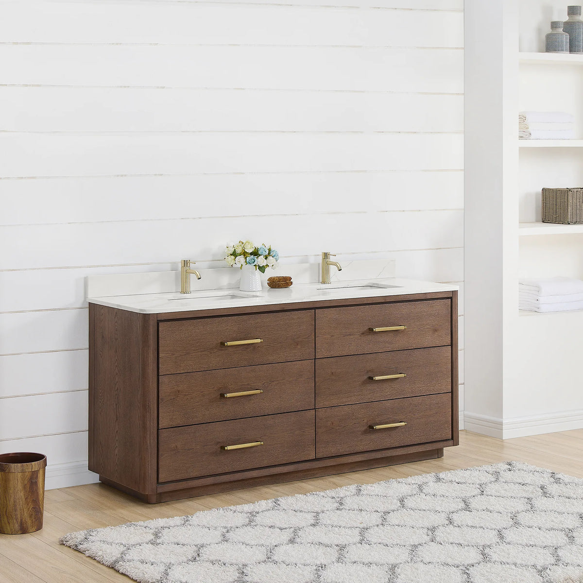Corner-on room view of a 72 inch double vanity in Aged Dark Brown Oak