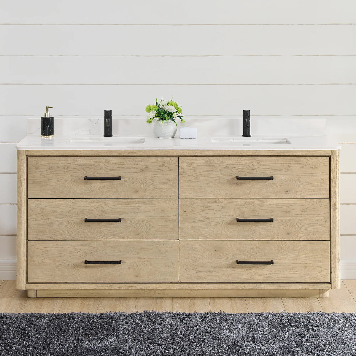 Aged Natural Oak double vanity, 72 inch, staged in a bright bathroom with a shiplap wall and a grey rug