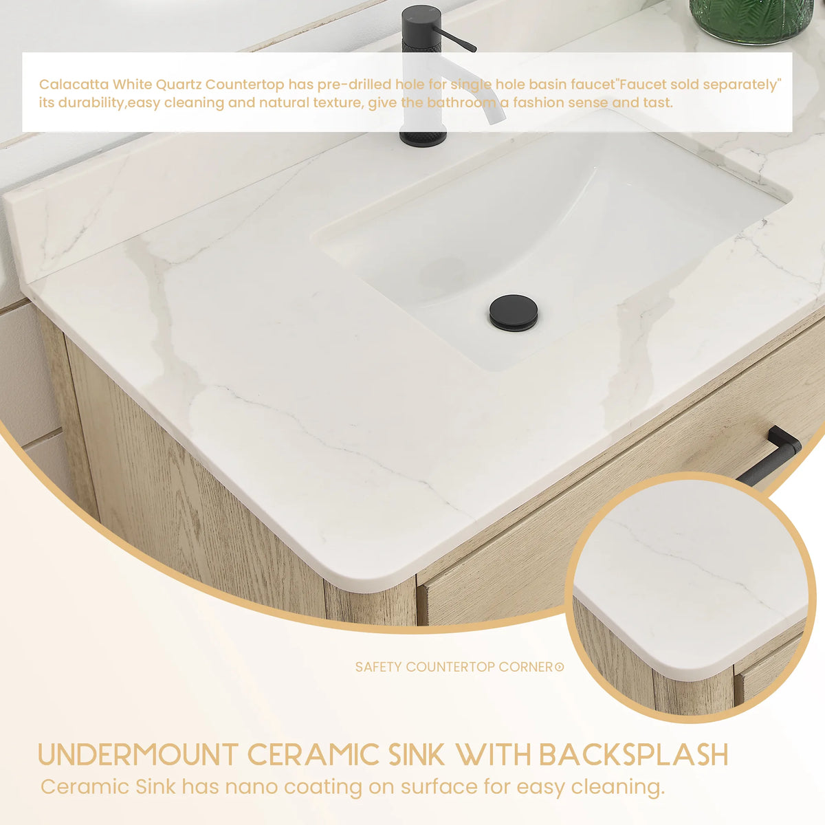 Rounded top corner and undermount sink on the white quartz top of the 72 inch Aged Natural Oak vanity