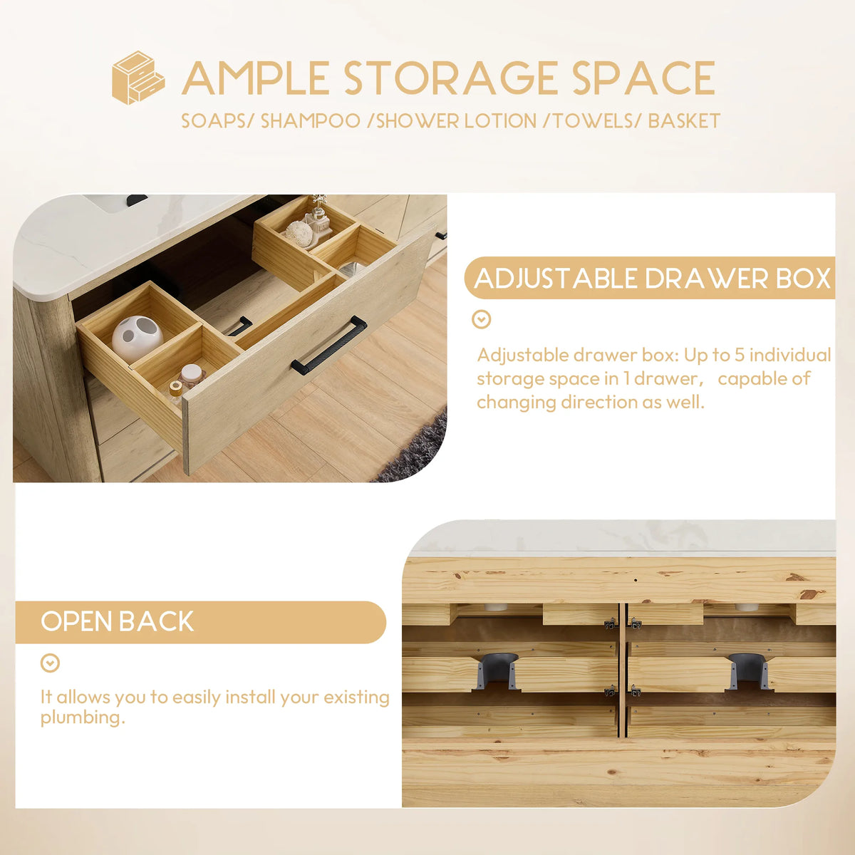 72 inch Aged Natural Oak drawer with an adjustable divider box, shown next to the open back cabinet