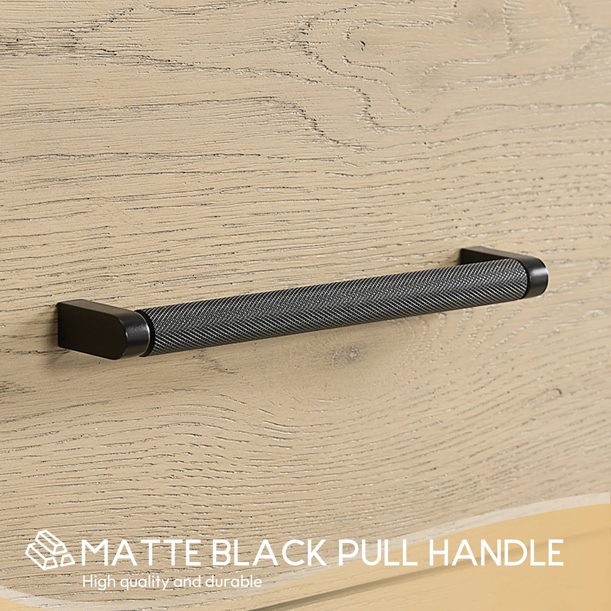 Pull handle with a knurled grip, matte black finish, on wood in Aged Natural Oak, 72 inch width