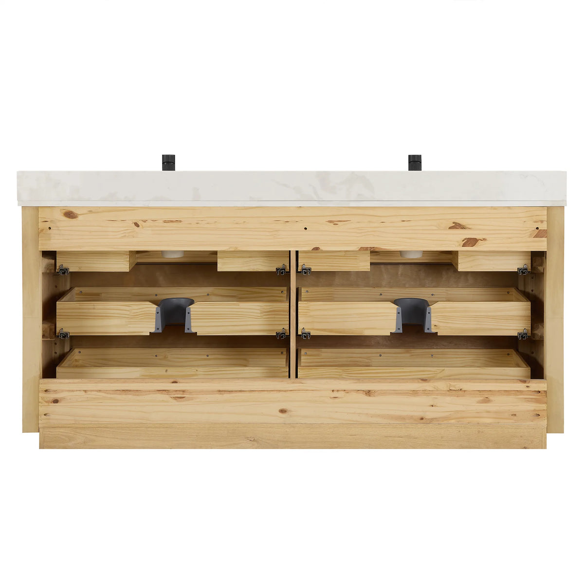 Interior view of the 72 inch Aged Natural Oak vanity cabinet with the back open for plumbing