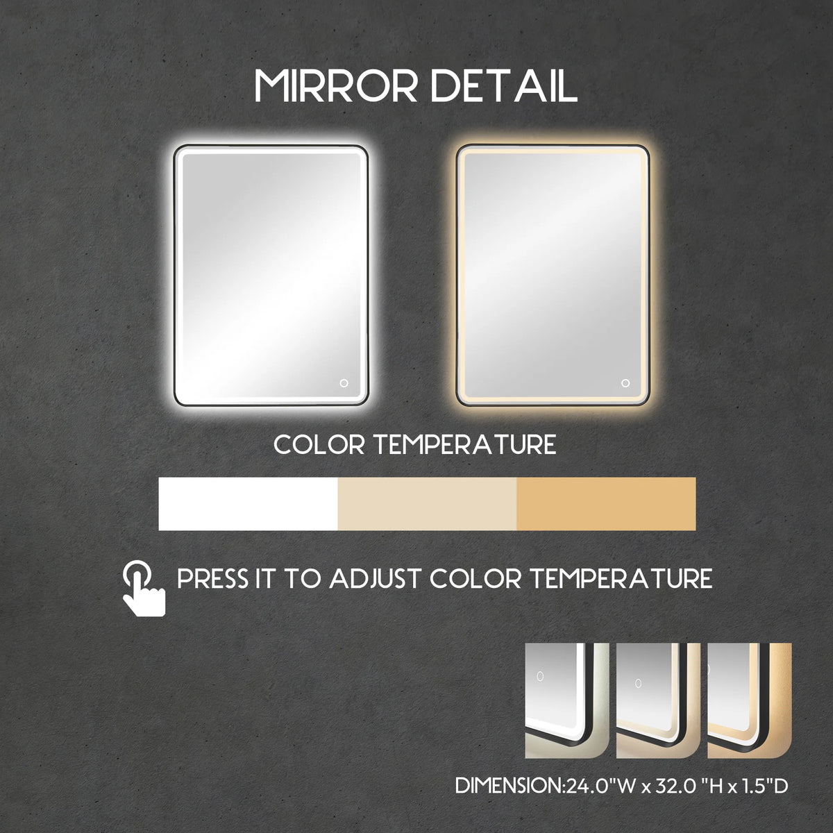 Mirror lit in two tones on the Aged Natural Oak vanity, with a press-to-adjust color temperature control
