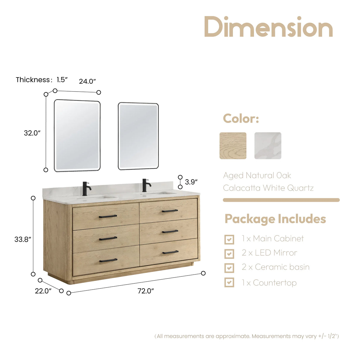 Drawing with sizes for the 72 inch Aged Natural Oak vanity and two LED mirrors, cabinet depth 22 inches