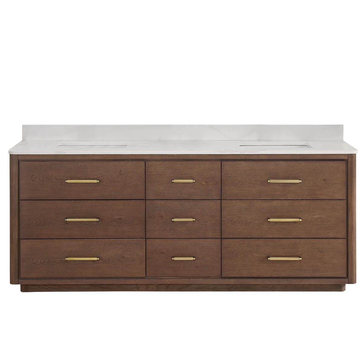 Aged Dark Brown Oak double bathroom vanity, 84 inches wide, with nine soft-close drawers and a quartz top
