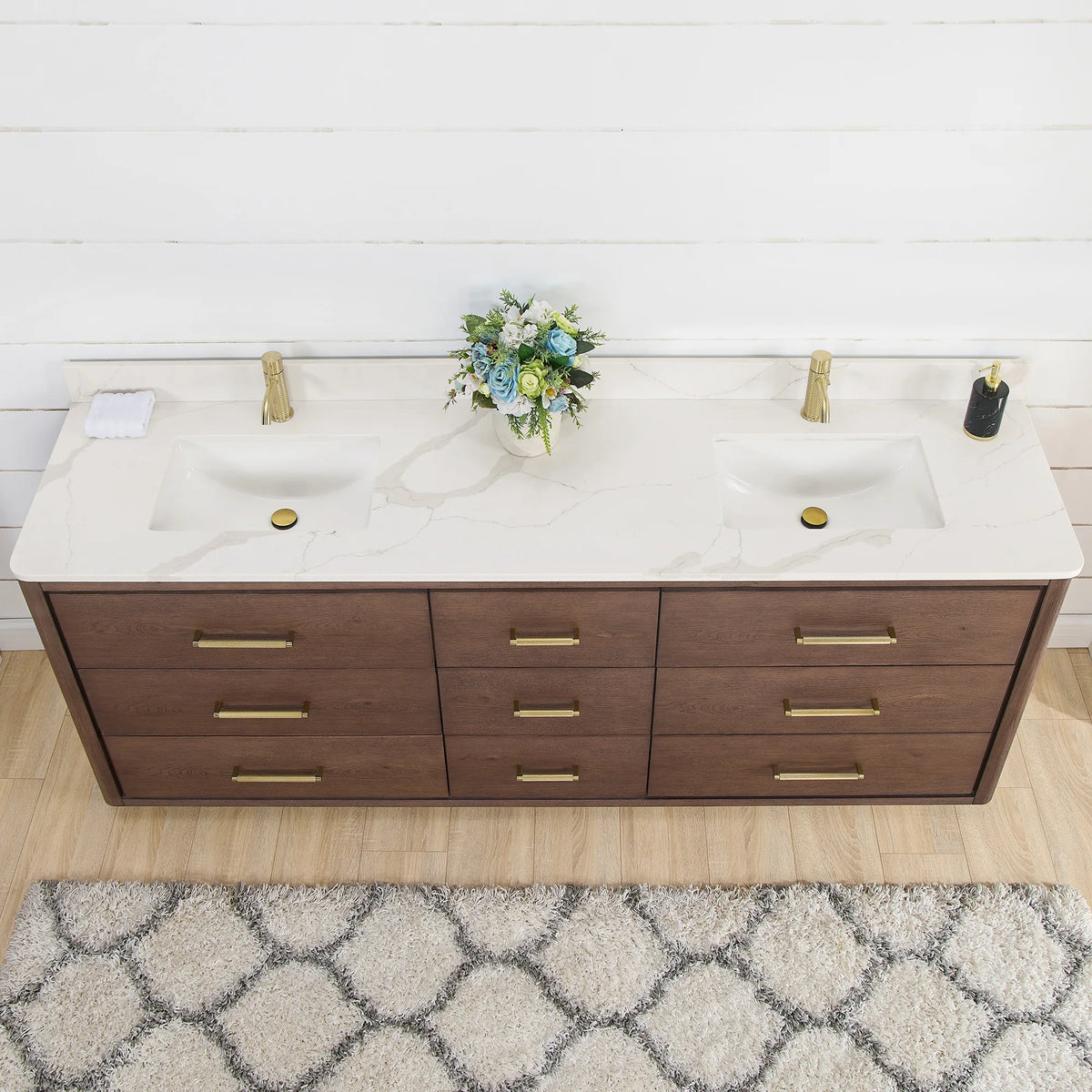 Close-up from above of the 84 inch double vanity: quartz top, undermount ceramic sink, Aged Dark Brown Oak drawers