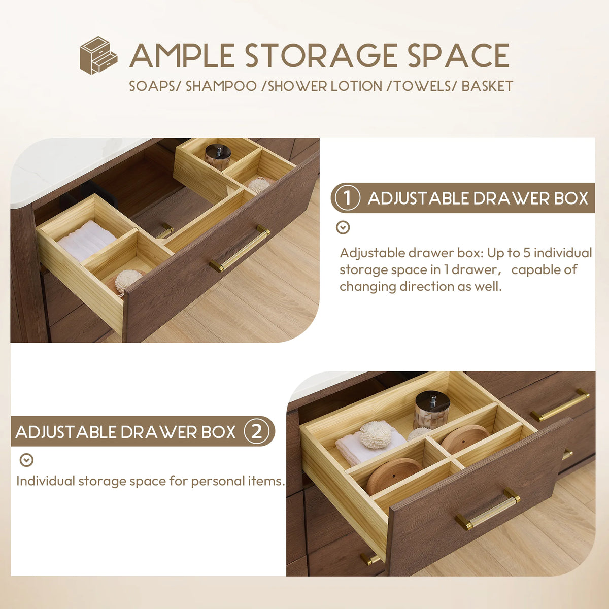 Storage callout: adjustable drawer box dividers and open back design, 84 inch width