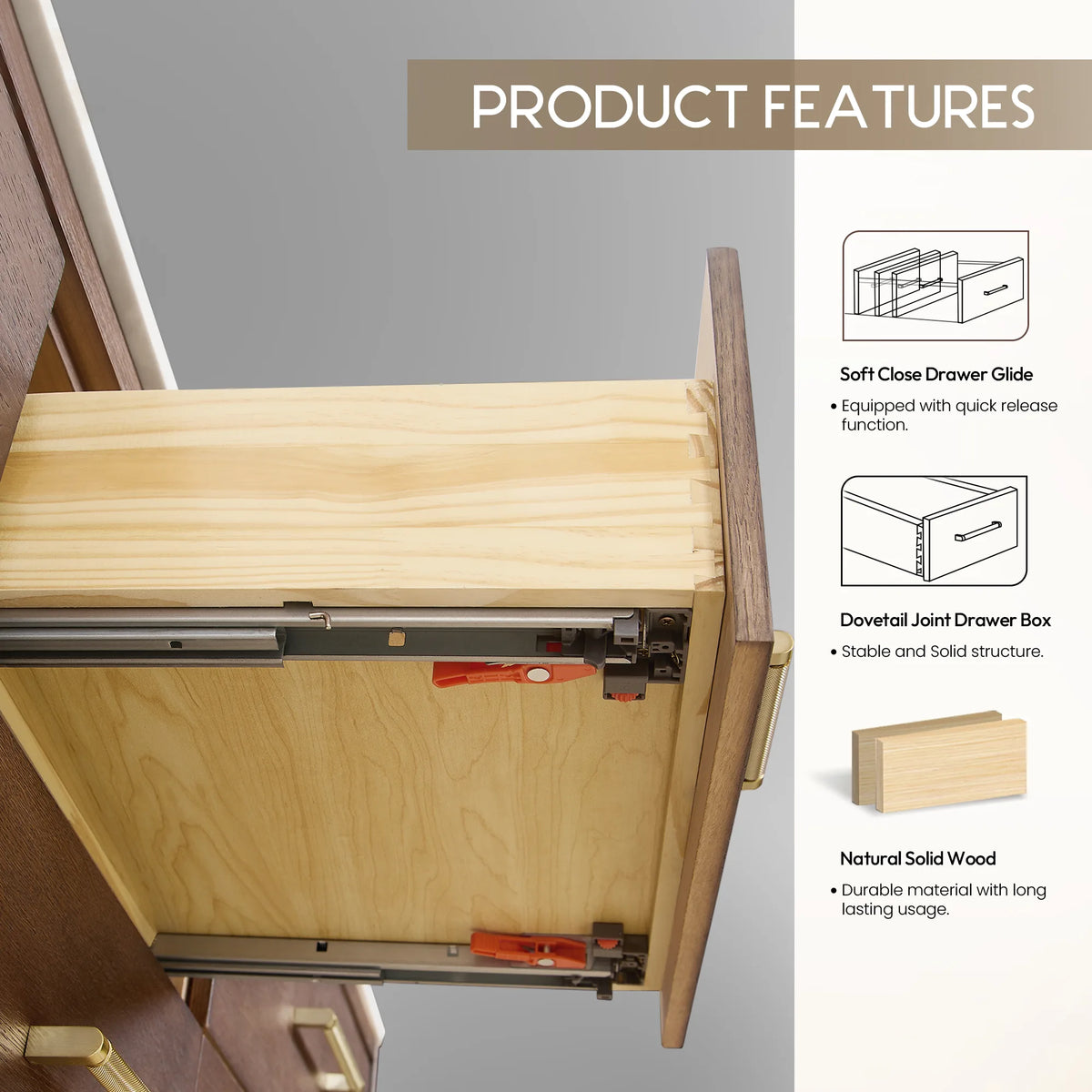 Features callout: soft-close drawer glide and dovetail drawer box in solid wood, 84 inch width