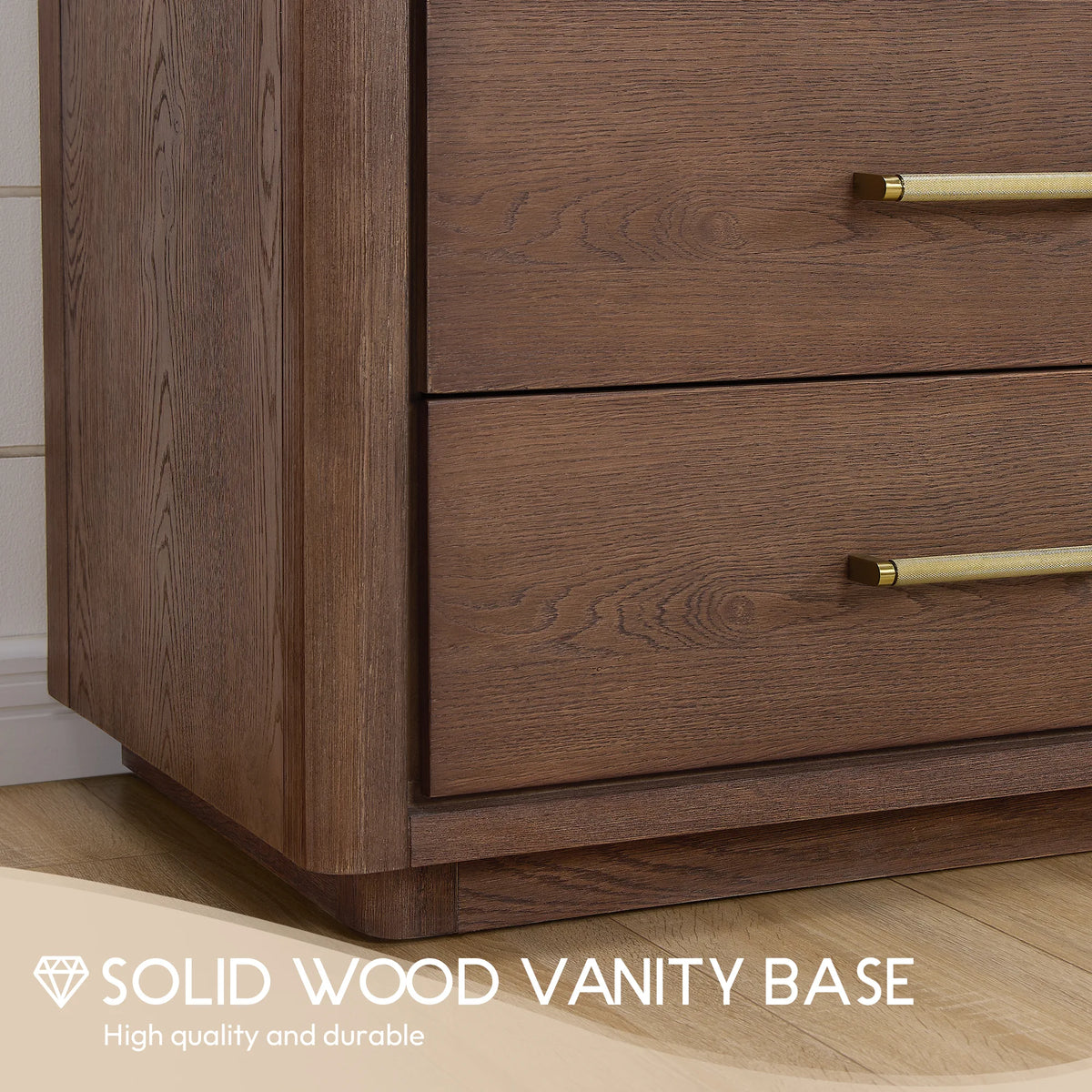 Solid wood vanity base callout, bottom corner of an 84 inch double vanity