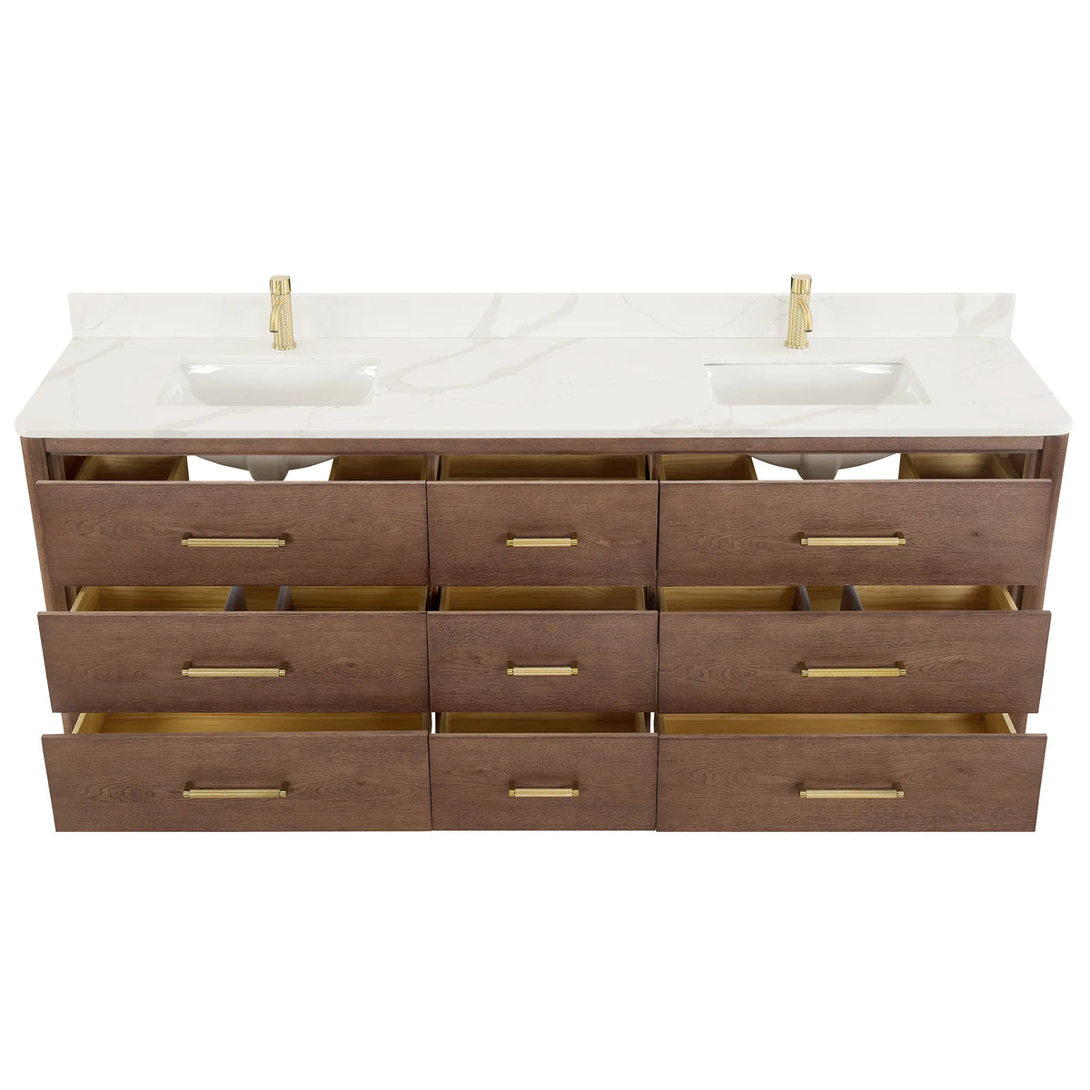 84 inch double vanity in Aged Dark Brown Oak on white with the drawers open