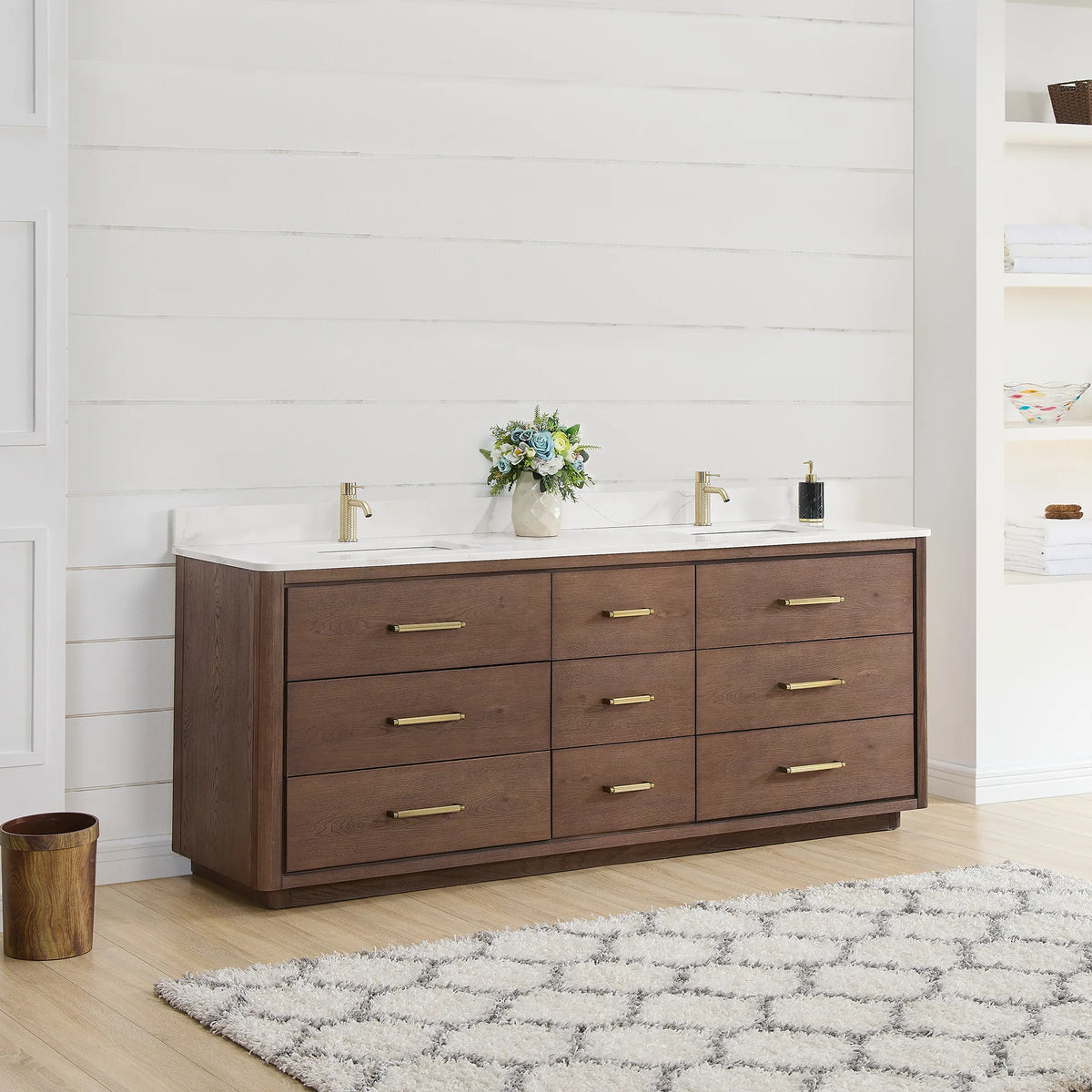 Bathroom scene, double vanity set at an angle against white shiplap