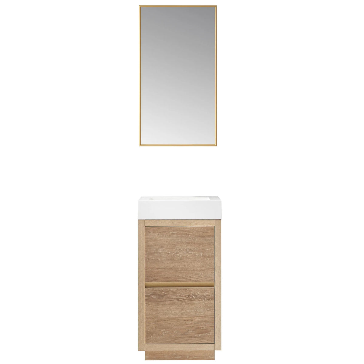 North American Oak vanity with a matching rectangular mirror, front view on a white background