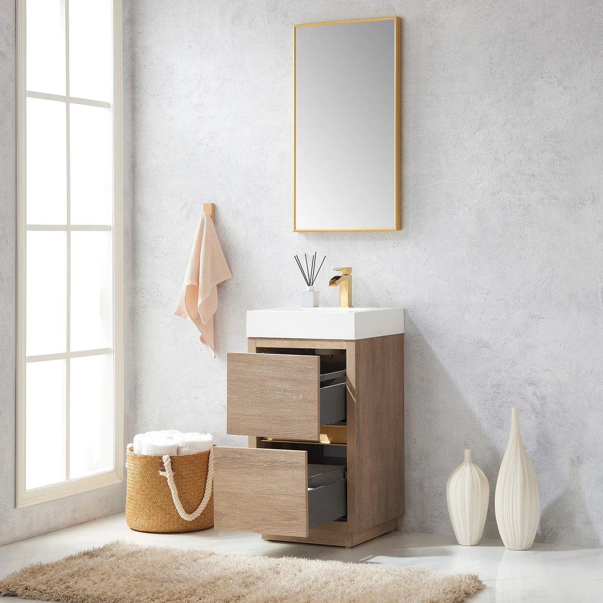 Vanity with mirror above and drawers pulled out, window and rug in the room
