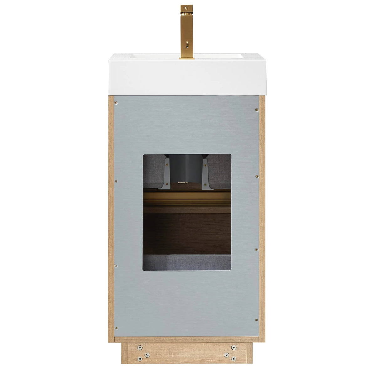 Rear view of the vanity on white showing the gray back panel with a plumbing cutout