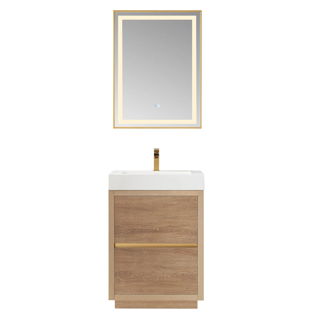 Front view of vanity with matching LED mirror above, white background, North American Oak finish