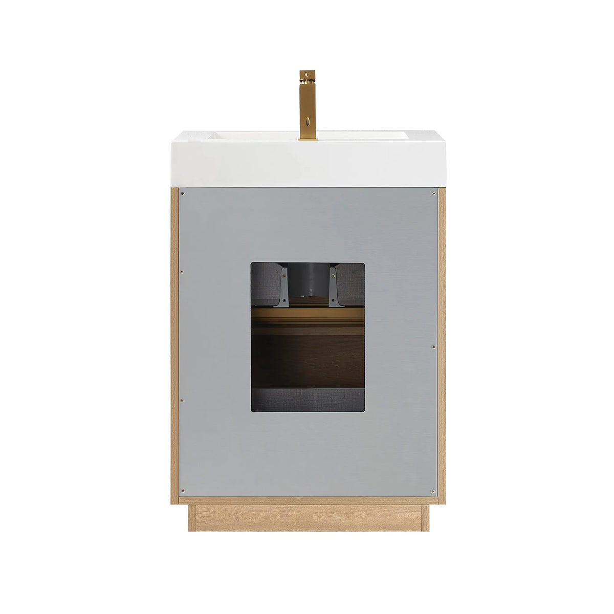 Back view of the 24 inch vanity on white, gray back panel with a plumbing cutout
