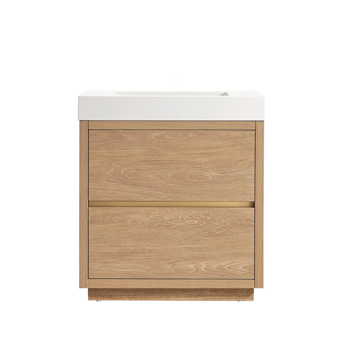 Front view, 30 inch North American Oak single bathroom vanity, white composite sink top, brushed gold pull, white backdrop