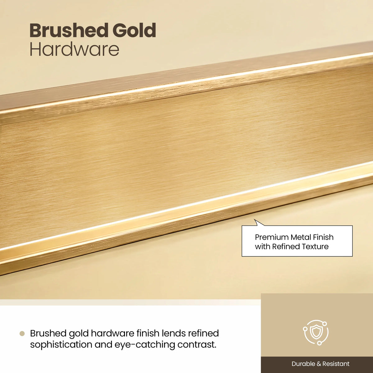 Detail of the brushed gold hardware finish with a metal texture note